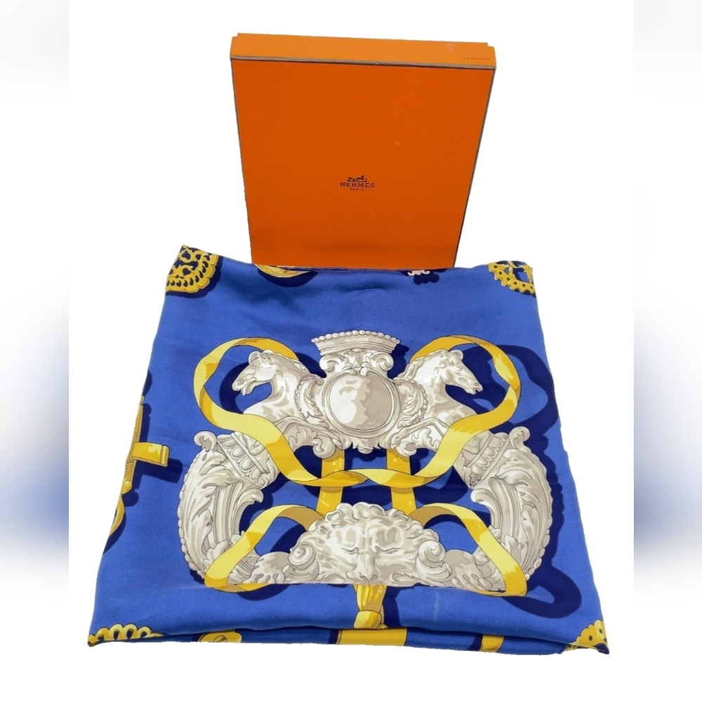 Authentic Hermes Ferronnerie Ironwork Carre Vintage 90 Blue 100% Silk Scarf